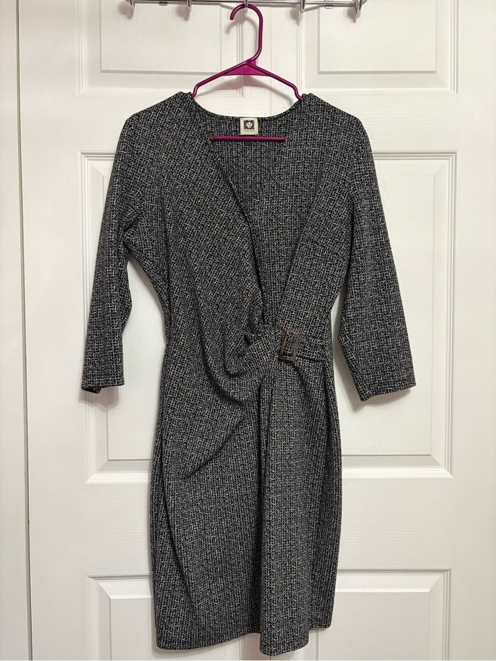 Anne Klein Gray Knit Wrap Midi Dress with Buckle Detail